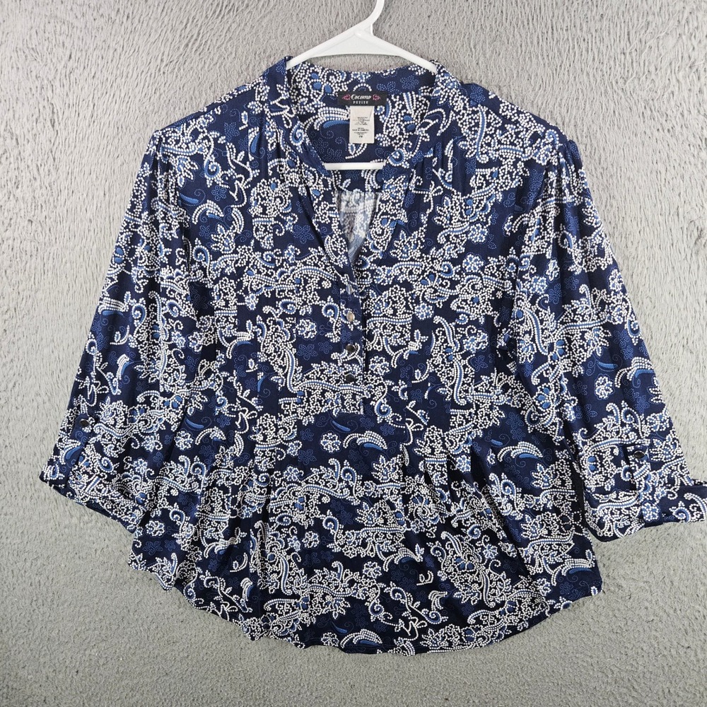 Cocomo Petite Womens Blue White Paisley Dot Print 3/4 Sleeve Blouse PM